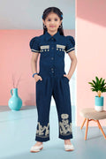 Girls Navy Blue Utility Co-ord Set with Puff Sleeves