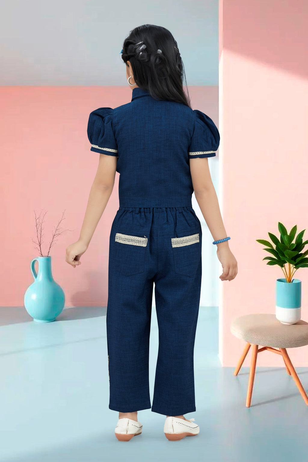 Girls Navy Blue Utility Co-ord Set with Puff Sleeves