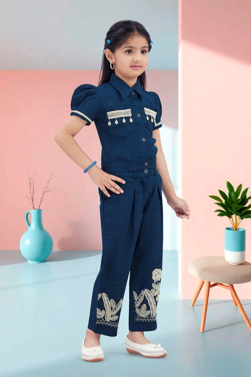 Girls Navy Blue Utility Co-ord Set with Puff Sleeves