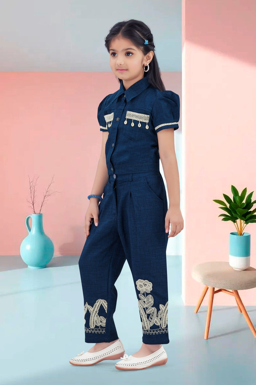Girls Navy Blue Utility Co-ord Set with Puff Sleeves