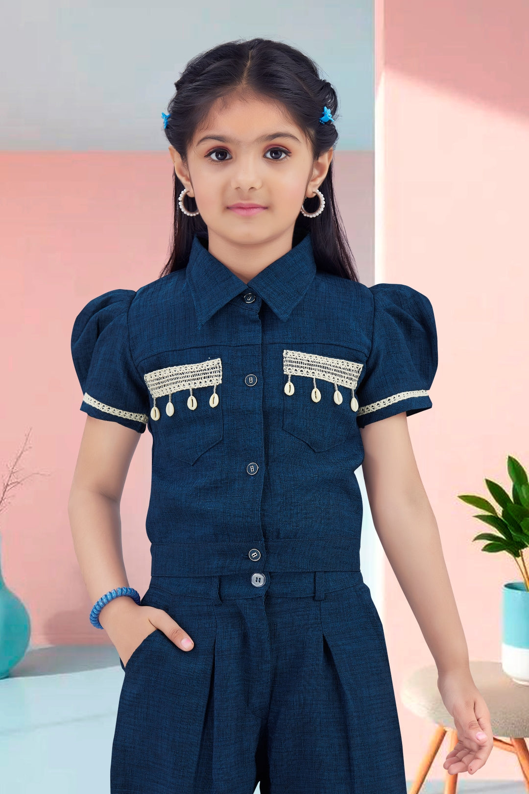 Girls Navy Blue Utility Co-ord Set with Puff Sleeves
