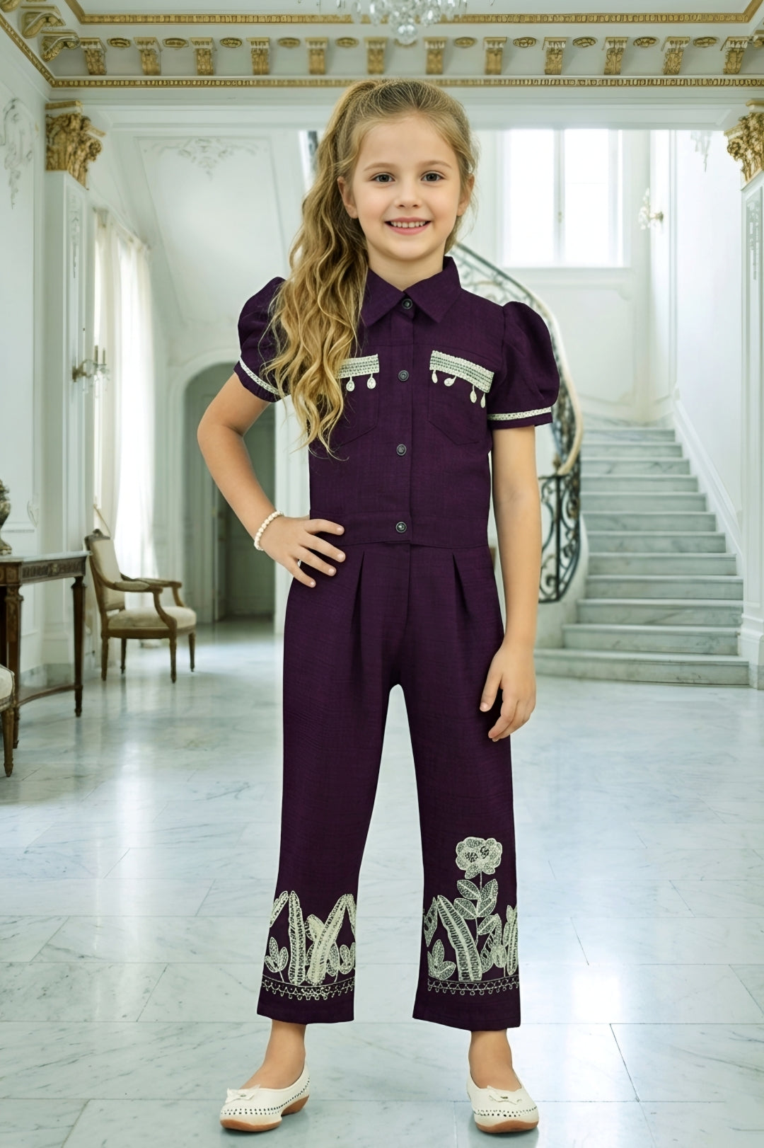 Girls Wine Utility Co-ord Set with Puff Sleeves