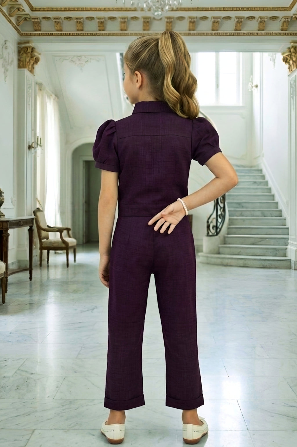 Girls Wine Utility Co-ord Set with Puff Sleeves