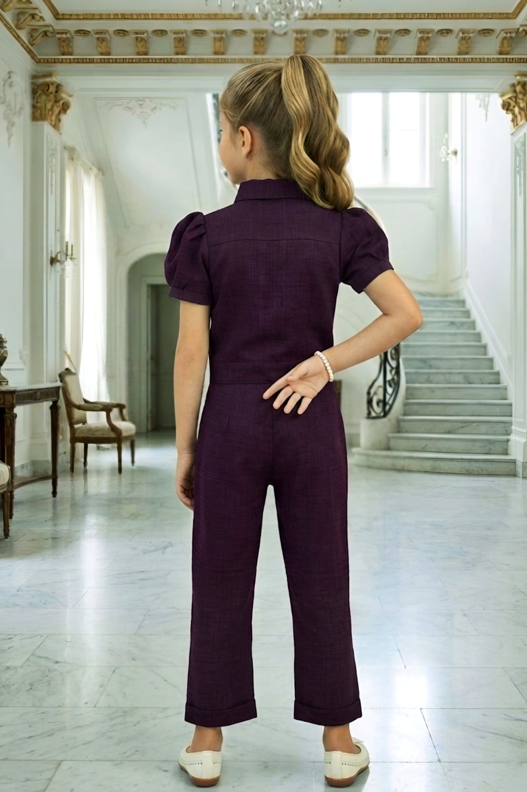 Girls Wine Utility Co-ord Set with Puff Sleeves