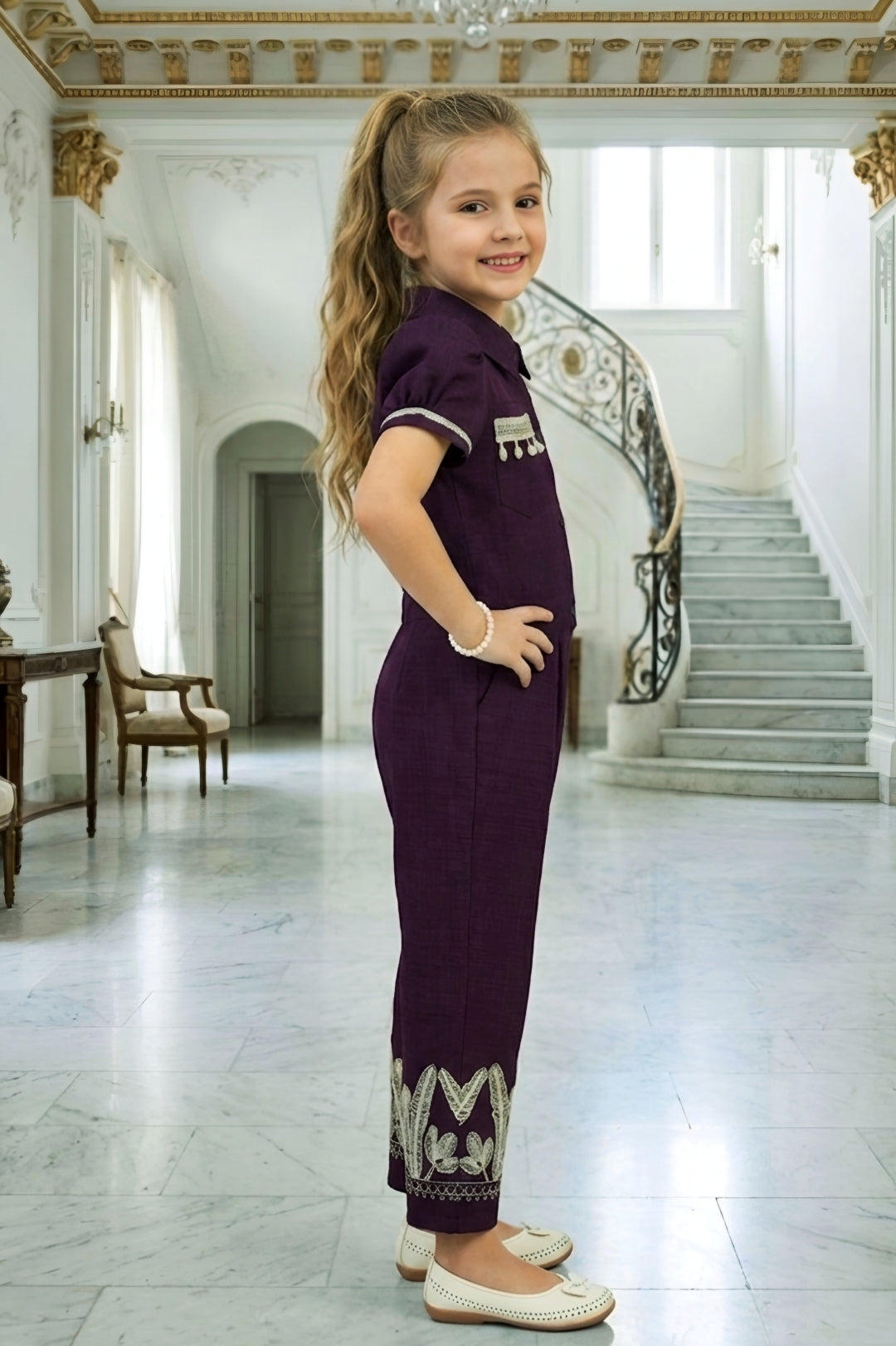 Girls Wine Utility Co-ord Set with Puff Sleeves