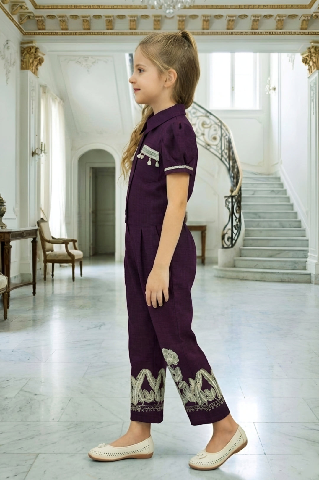 Girls Wine Utility Co-ord Set with Puff Sleeves