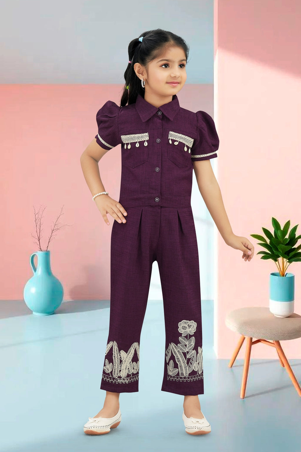 Girls Wine Utility Co-ord Set with Puff Sleeves