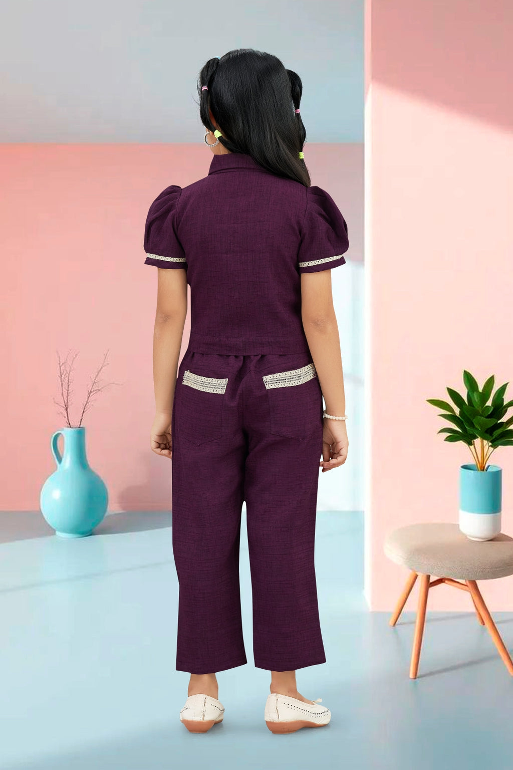 Girls Wine Utility Co-ord Set with Puff Sleeves