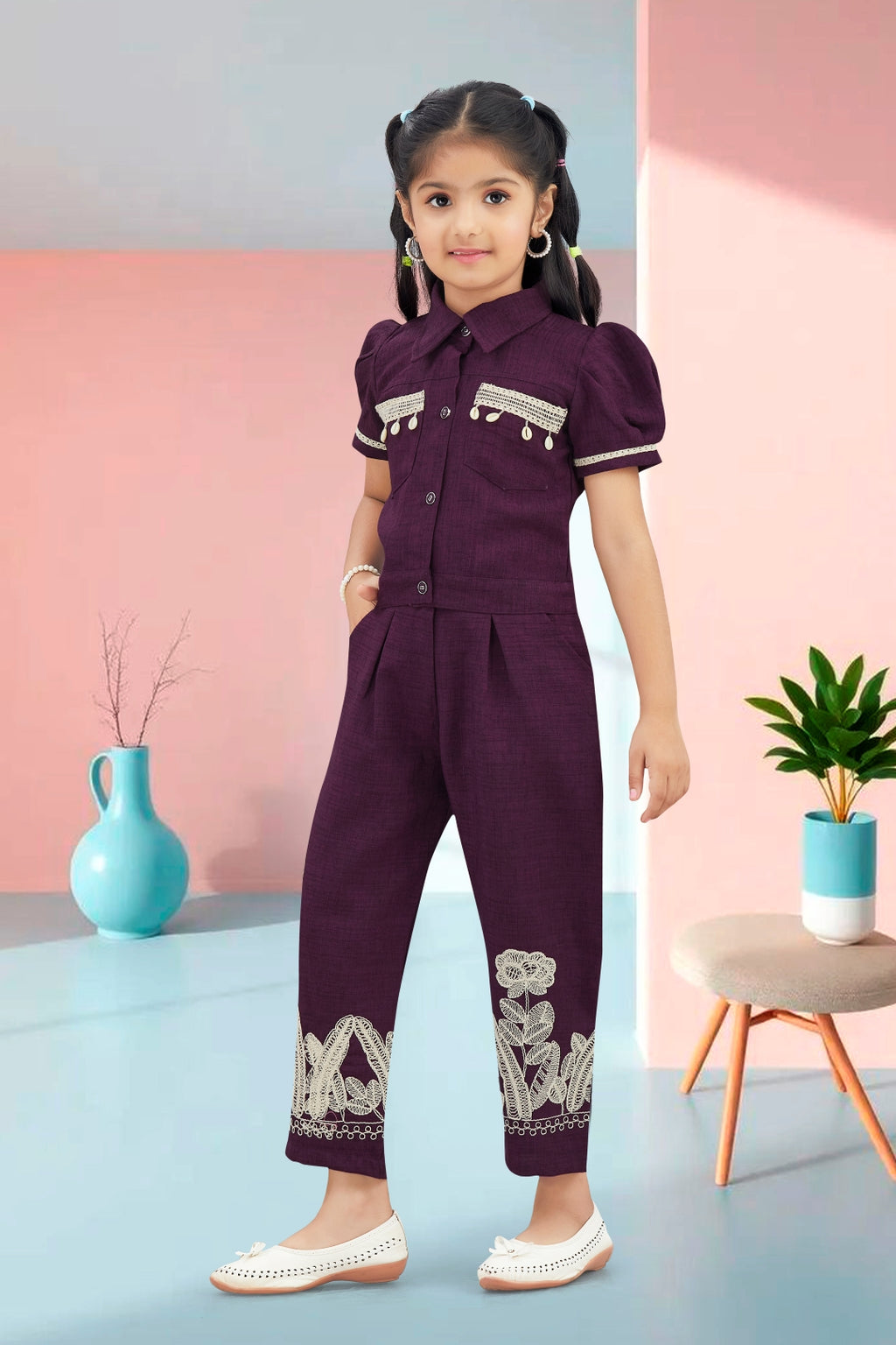 Girls Wine Utility Co-ord Set with Puff Sleeves