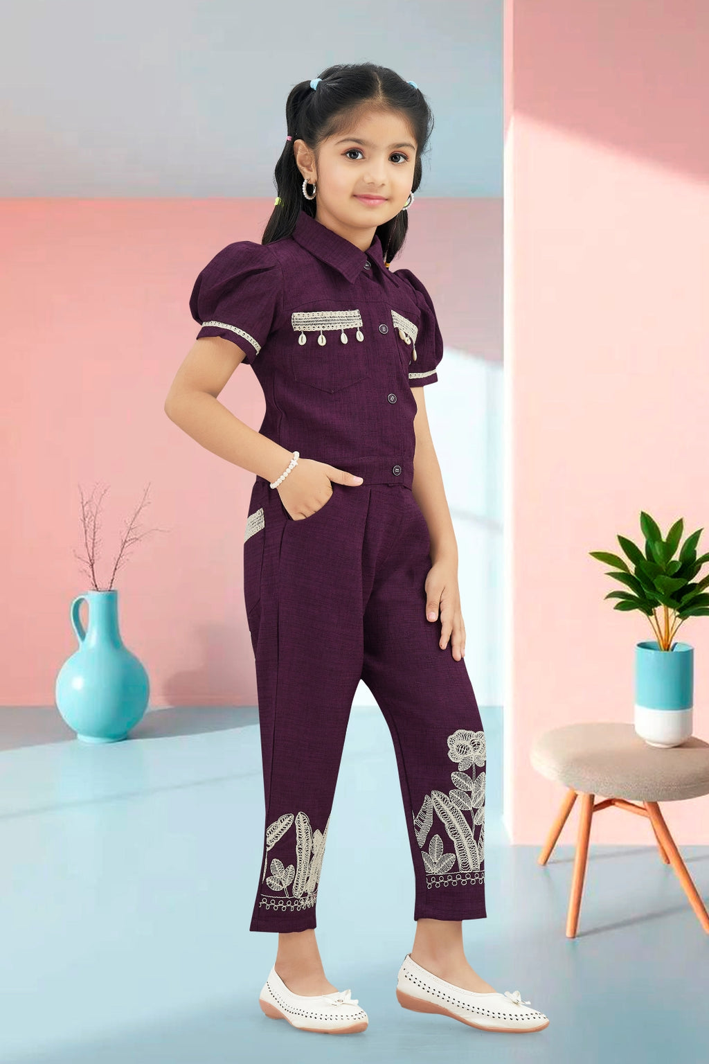 Girls Wine Utility Co-ord Set with Puff Sleeves