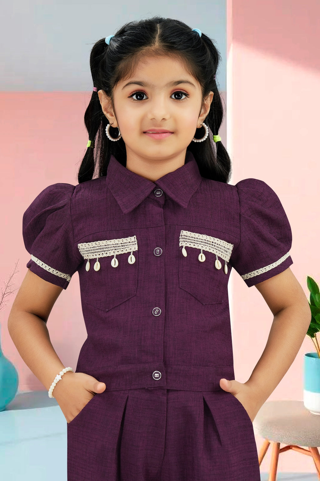 Girls Wine Utility Co-ord Set with Puff Sleeves