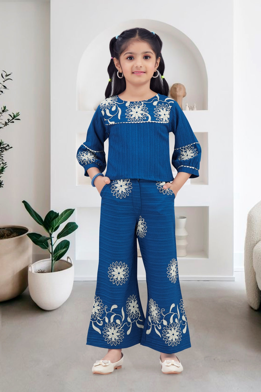 Navy Blue Elegant Embroidered Wide-Leg Trouser Set for Girls