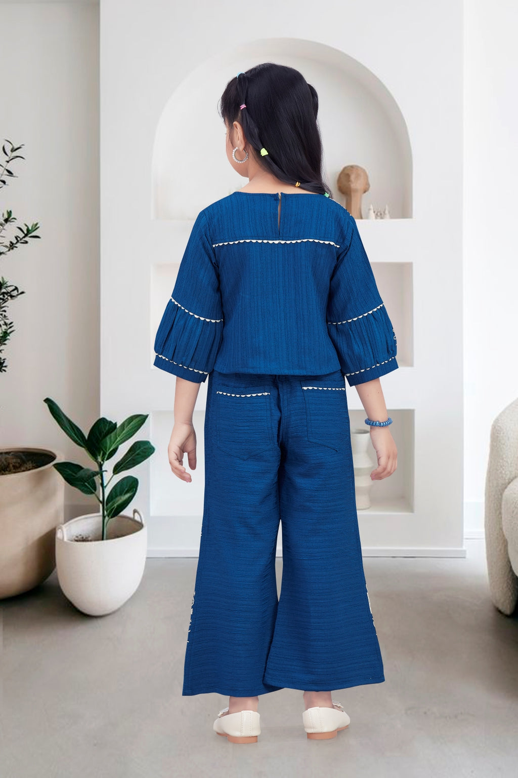 Navy Blue Elegant Embroidered Wide-Leg Trouser Set for Girls