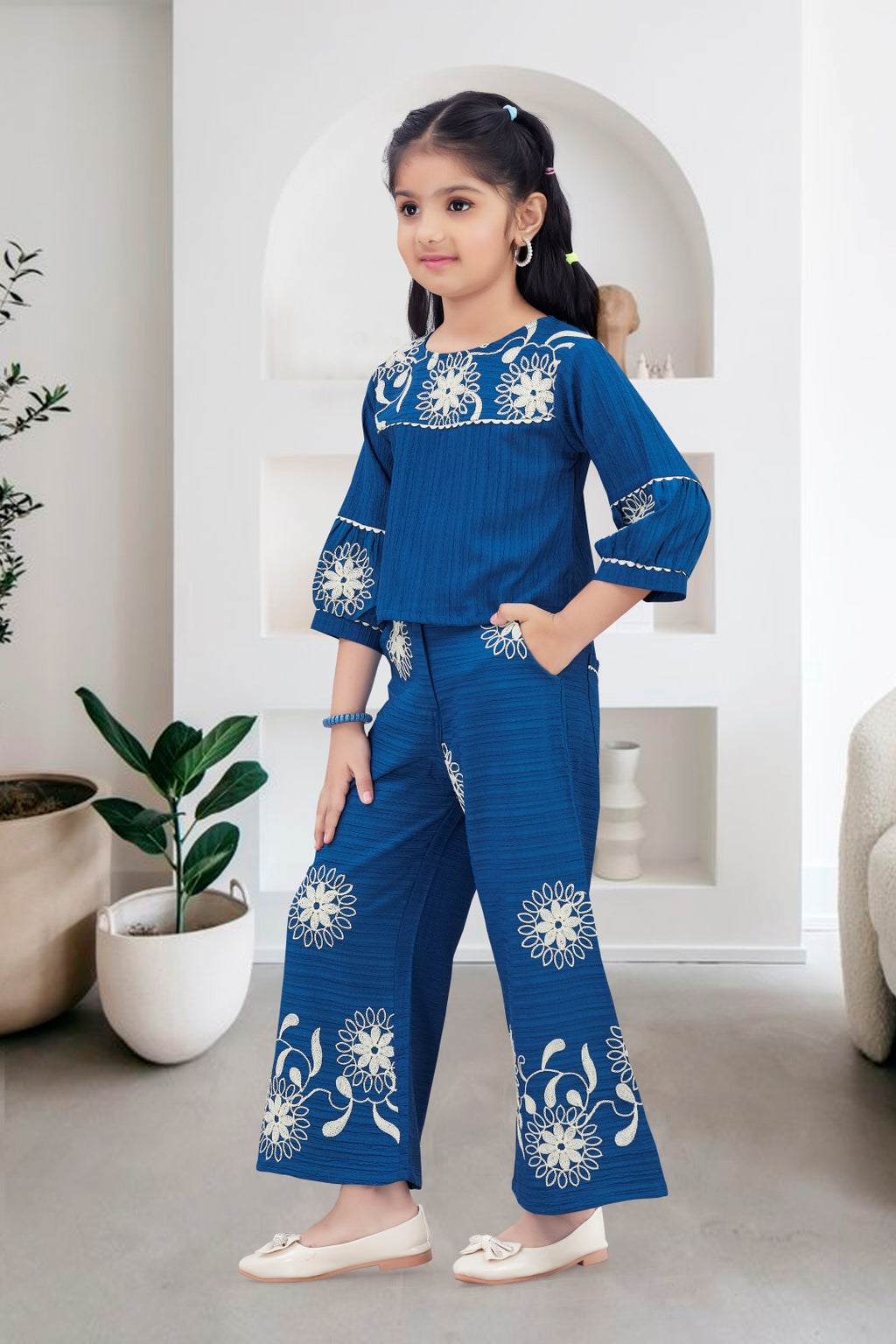 Navy Blue Elegant Embroidered Wide-Leg Trouser Set for Girls