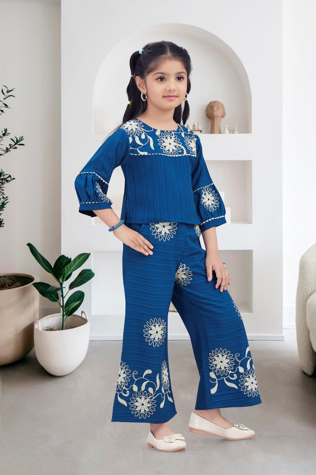 Navy Blue Elegant Embroidered Wide-Leg Trouser Set for Girls