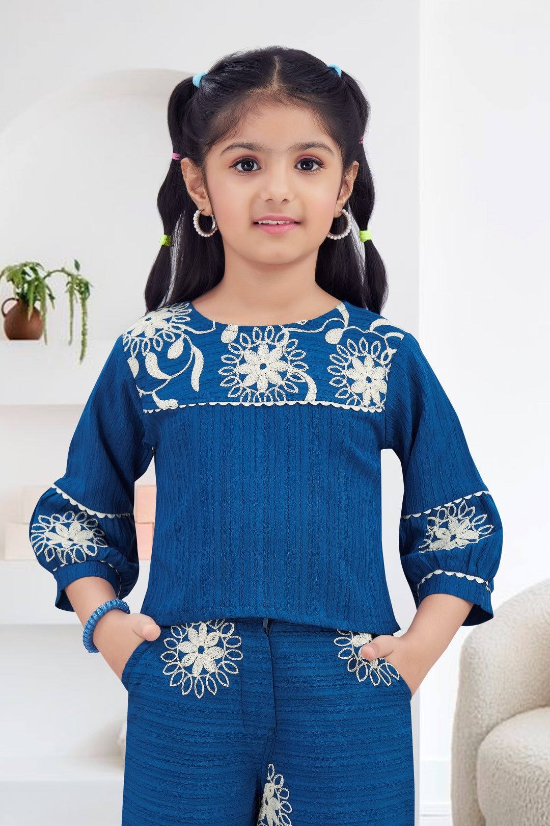 Navy Blue Elegant Embroidered Wide-Leg Trouser Set for Girls