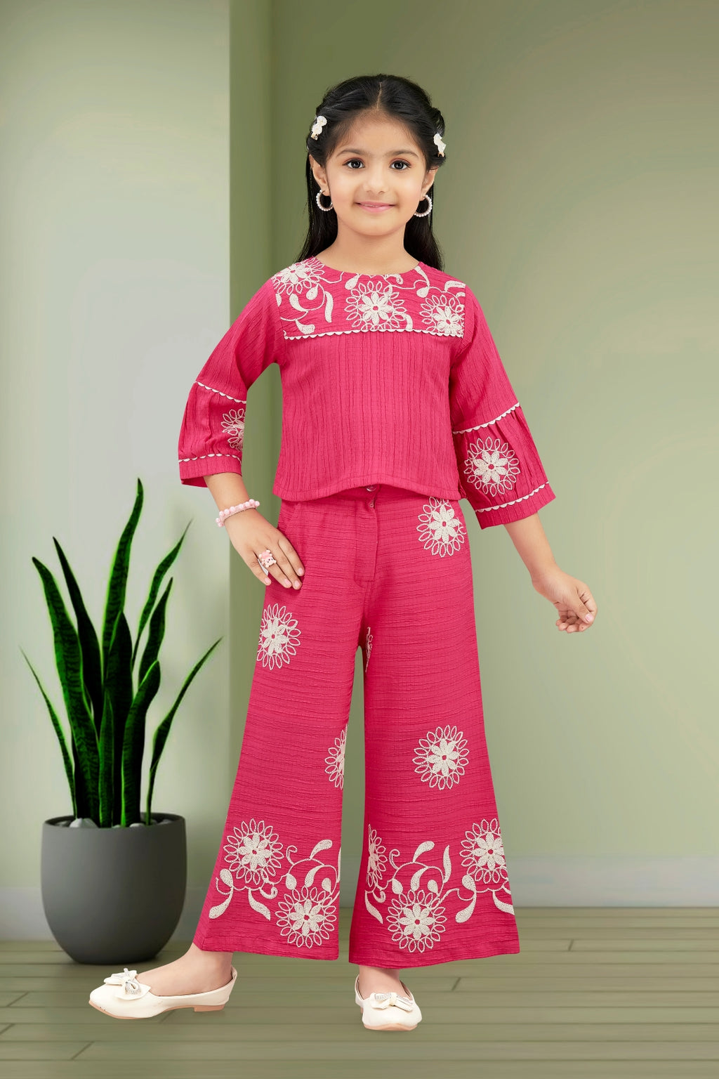 Pink Elegant Embroidered Wide-Leg Trouser Set for Girls