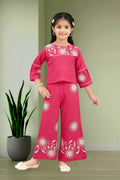 Pink Elegant Embroidered Wide-Leg Trouser Set for Girls