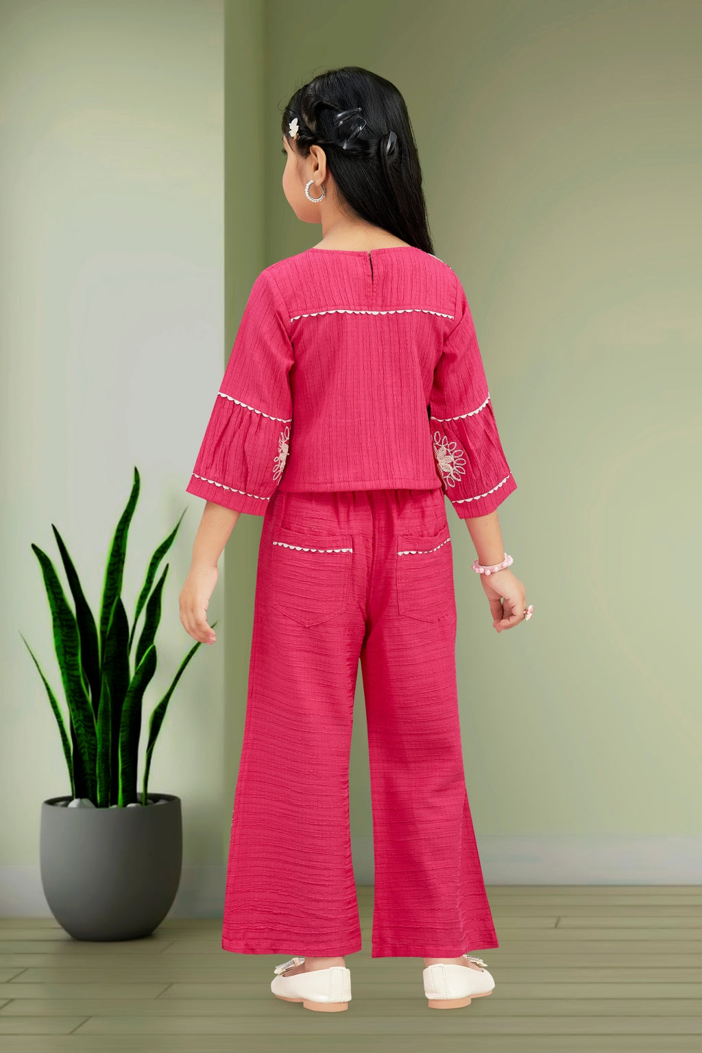 Pink Elegant Embroidered Wide-Leg Trouser Set for Girls
