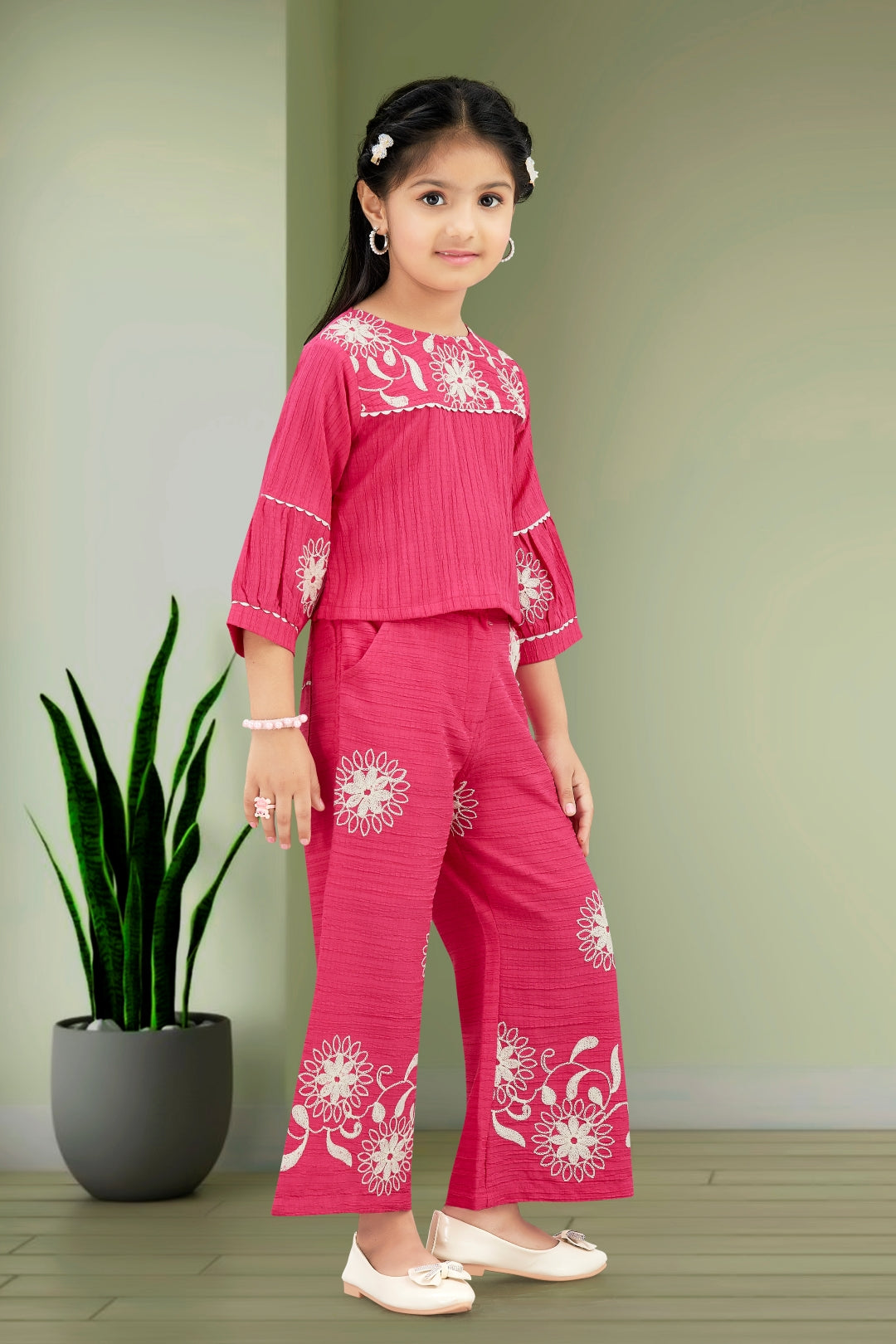 Elegant Embroidered Wide-Leg Trouser Set for Girls