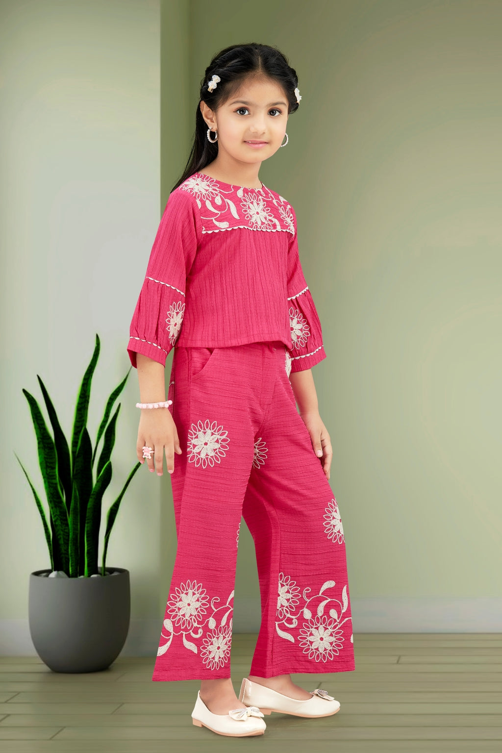 Pink Elegant Embroidered Wide-Leg Trouser Set for Girls