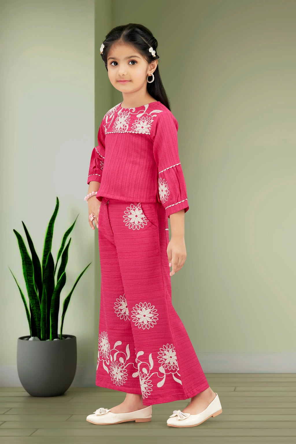 Pink Elegant Embroidered Wide-Leg Trouser Set for Girls