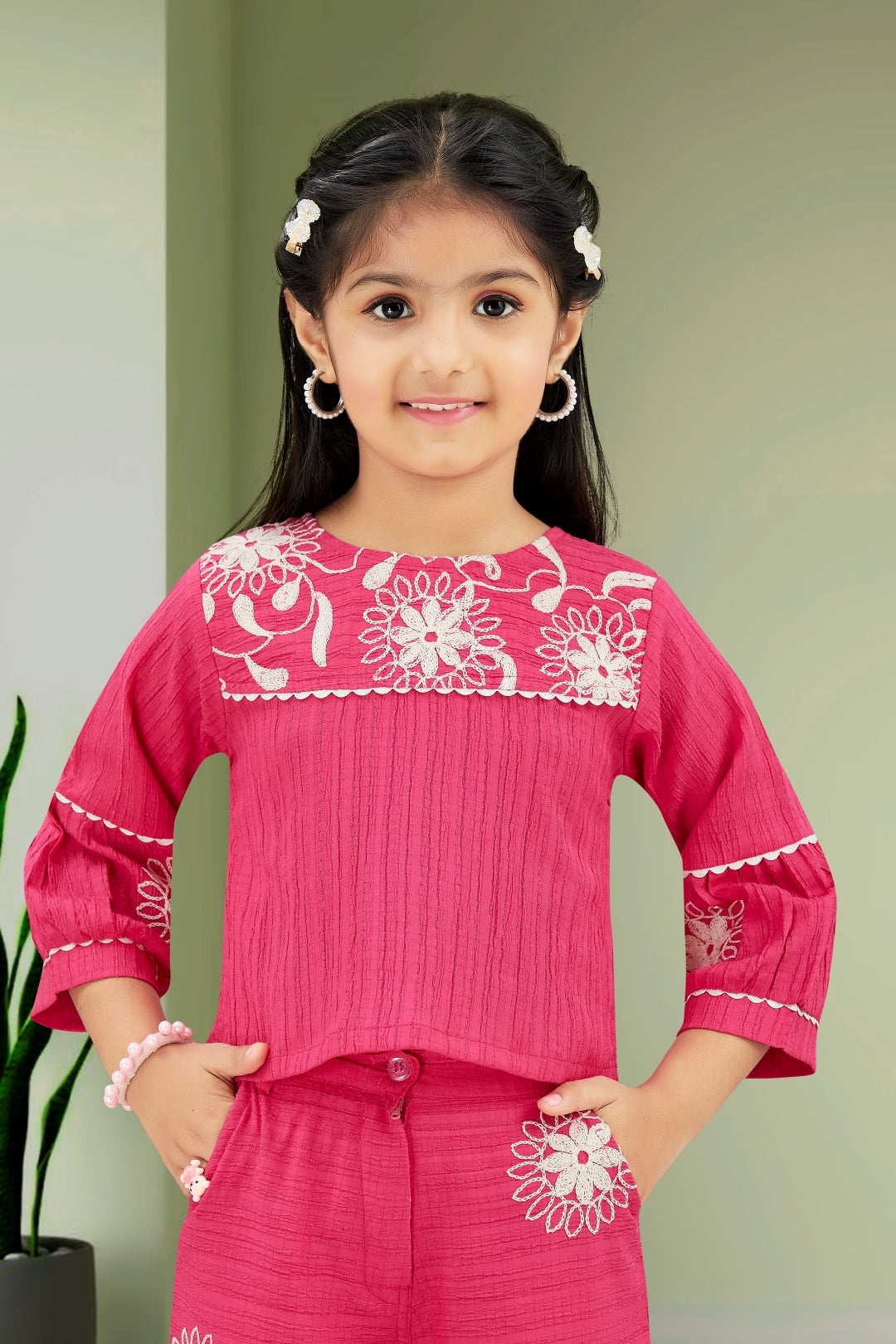 Pink Elegant Embroidered Wide-Leg Trouser Set for Girls