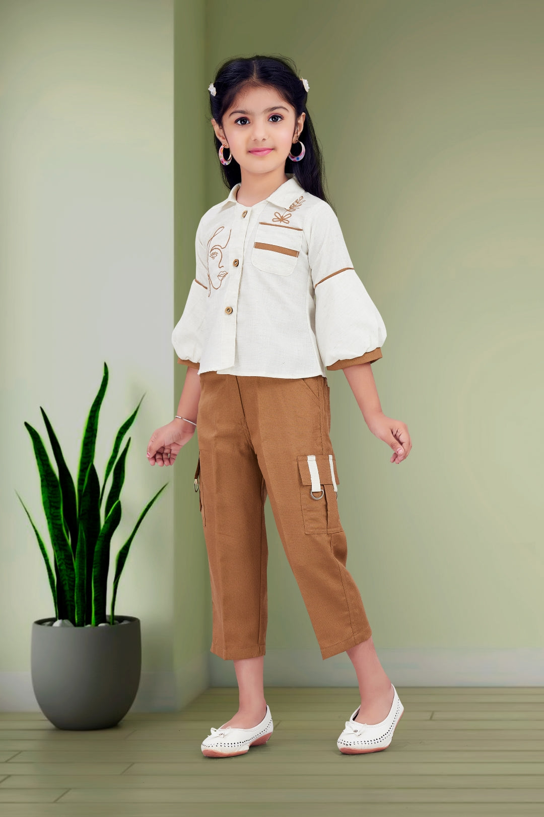 Girls Beige Shirt & Brown Cargo Pant Set