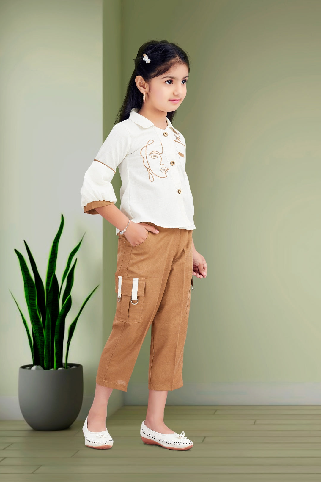Girls Beige Shirt & Brown Cargo Pant Set