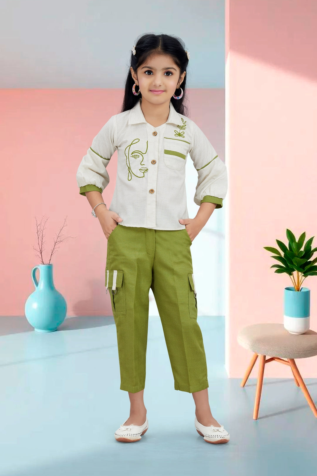 Girls Beige Shirt & Green Cargo Pant Set