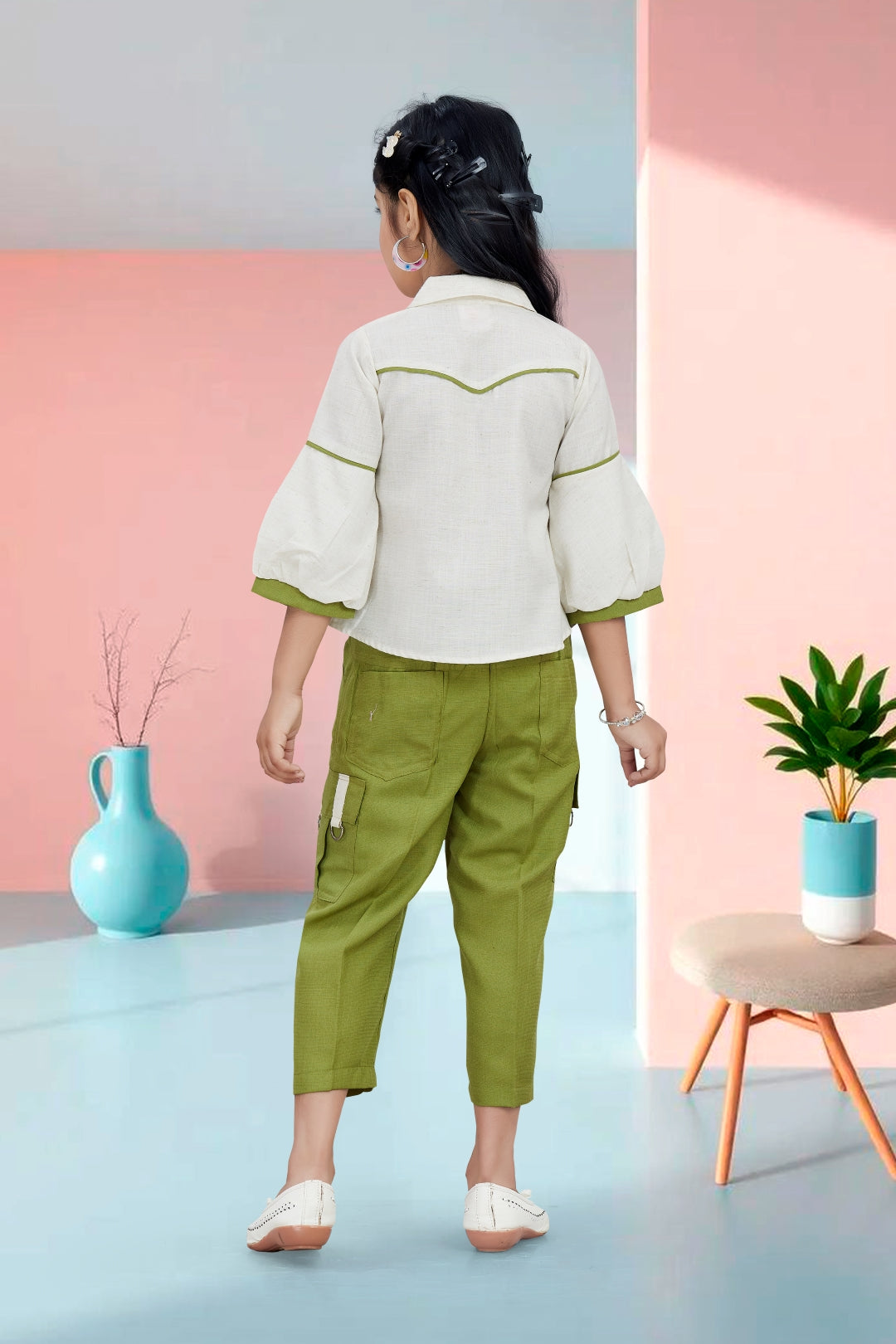 Girls Beige Shirt & Green Cargo Pant Set