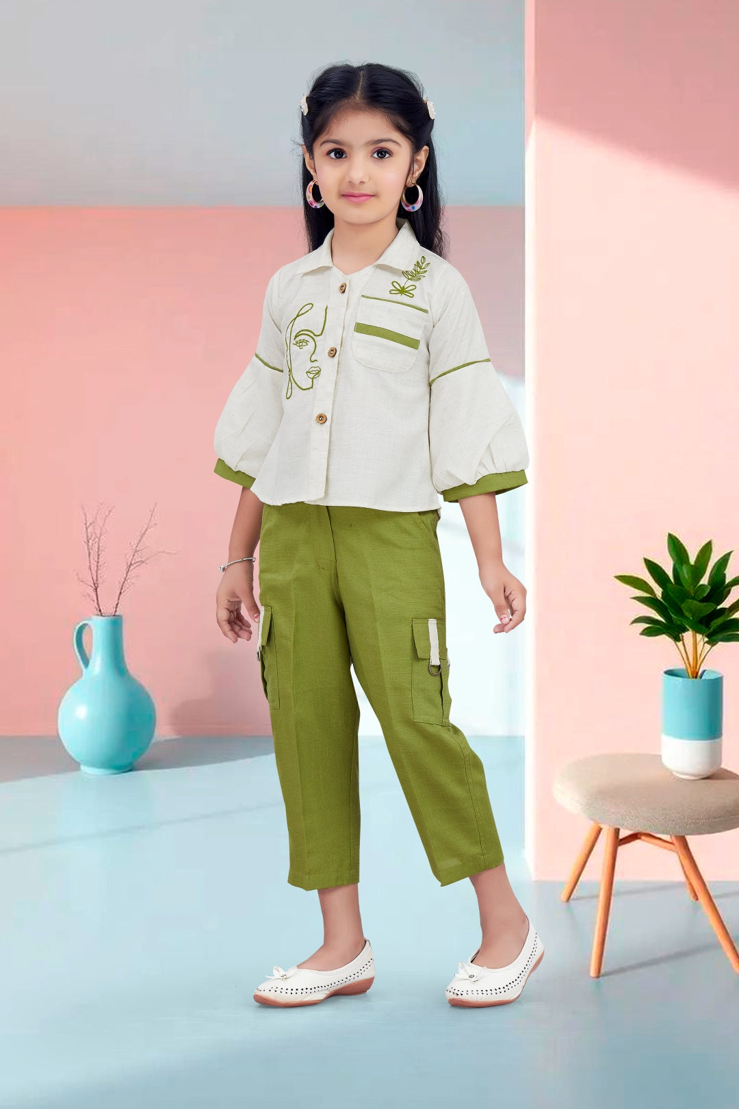 Girls Beige Shirt & Green Cargo Pant Set