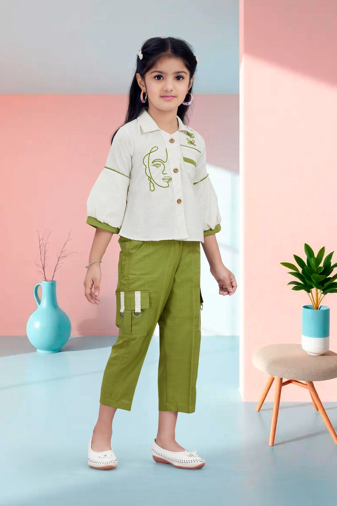 Girls Beige Shirt & Green Cargo Pant Set