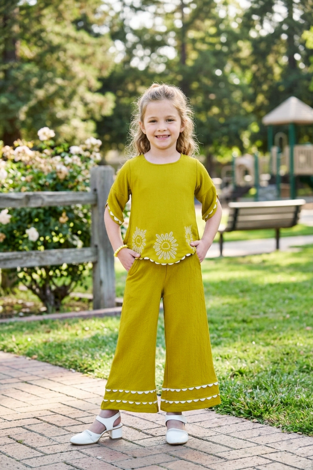 Girls Green Co-ord Set with Petal Sleeve Top and Wide-Leg Pants