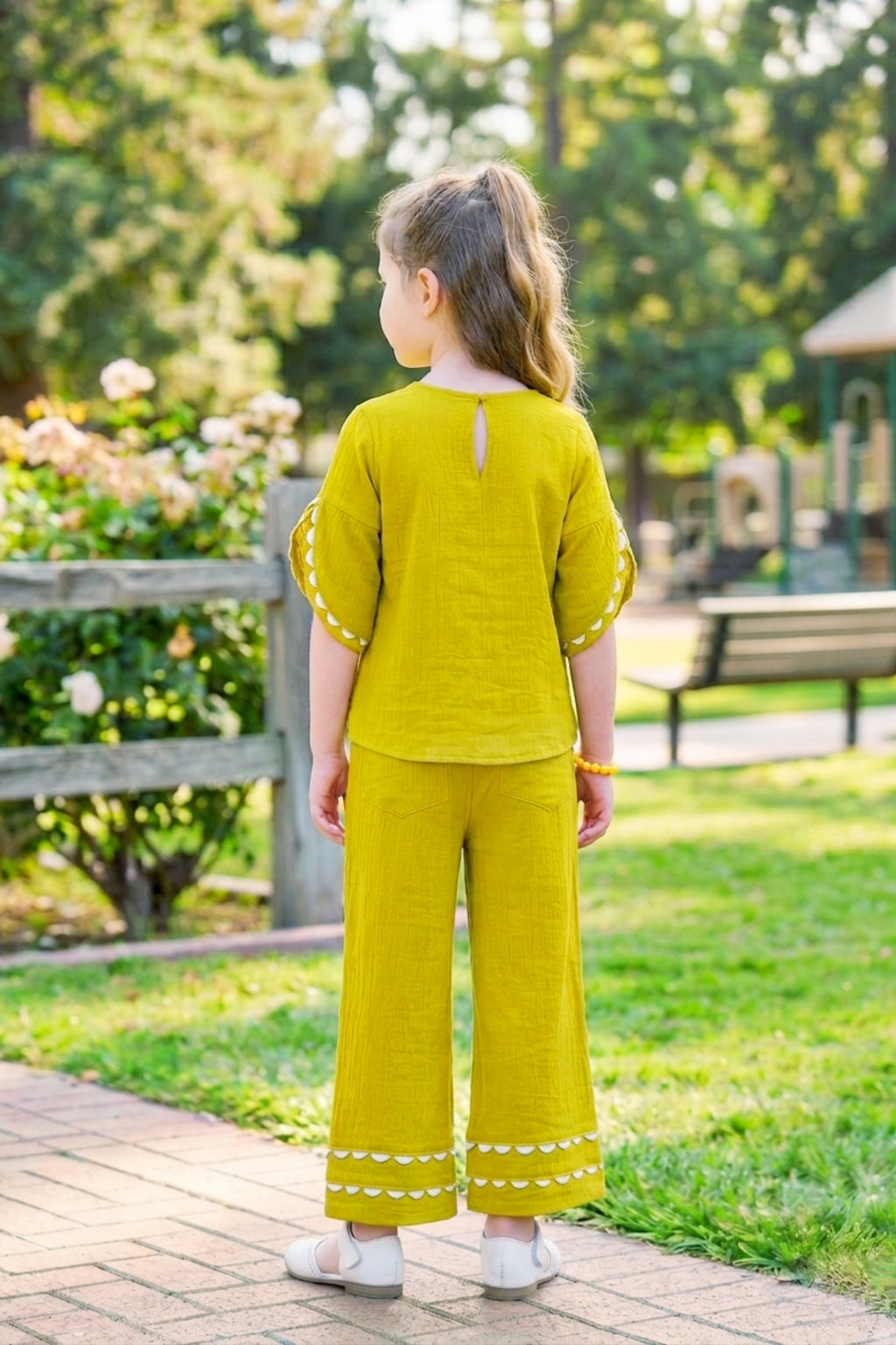 Girls Green Co-ord Set with Petal Sleeve Top and Wide-Leg Pants