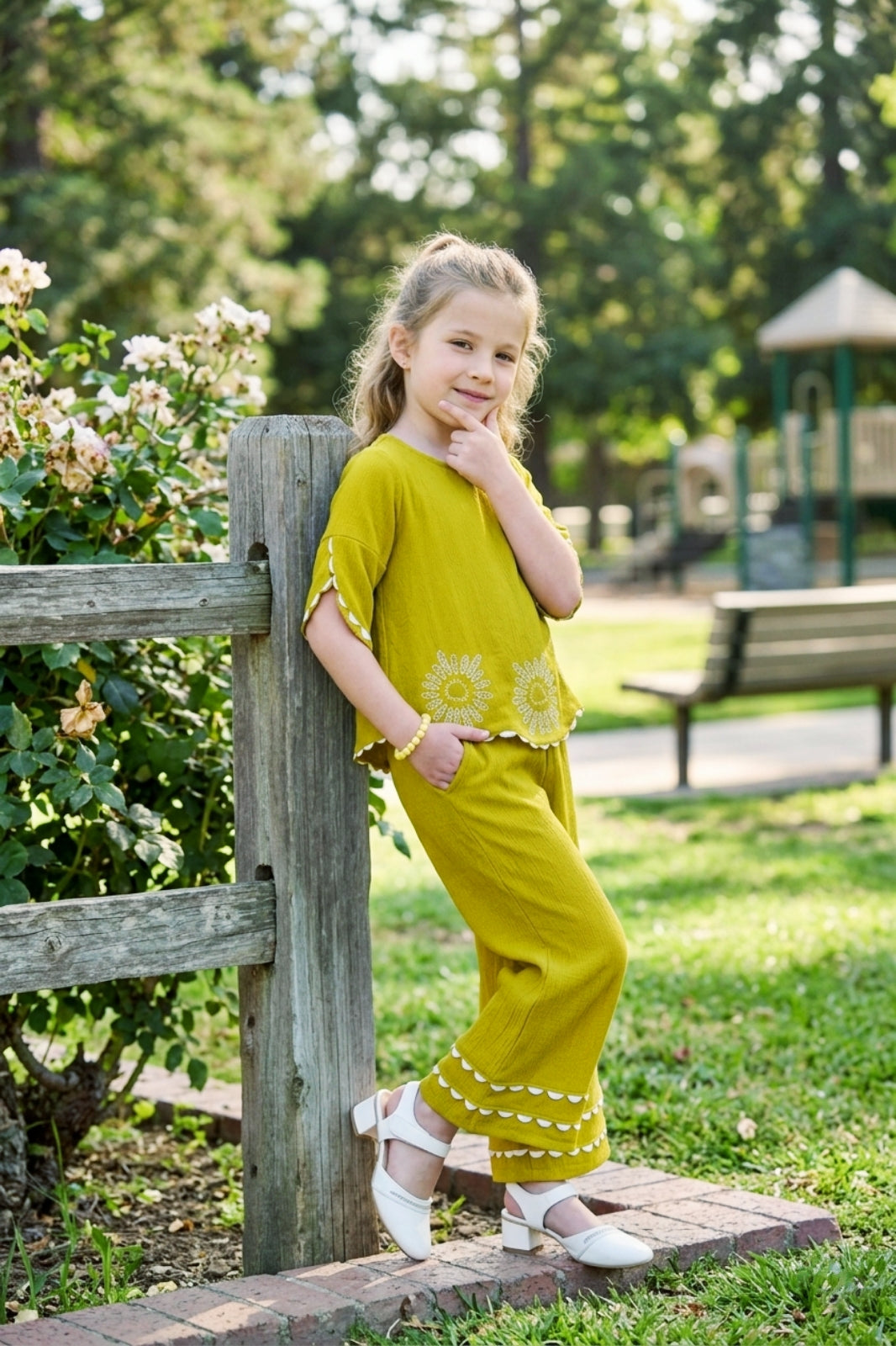 Girls Green Co-ord Set with Petal Sleeve Top and Wide-Leg Pants