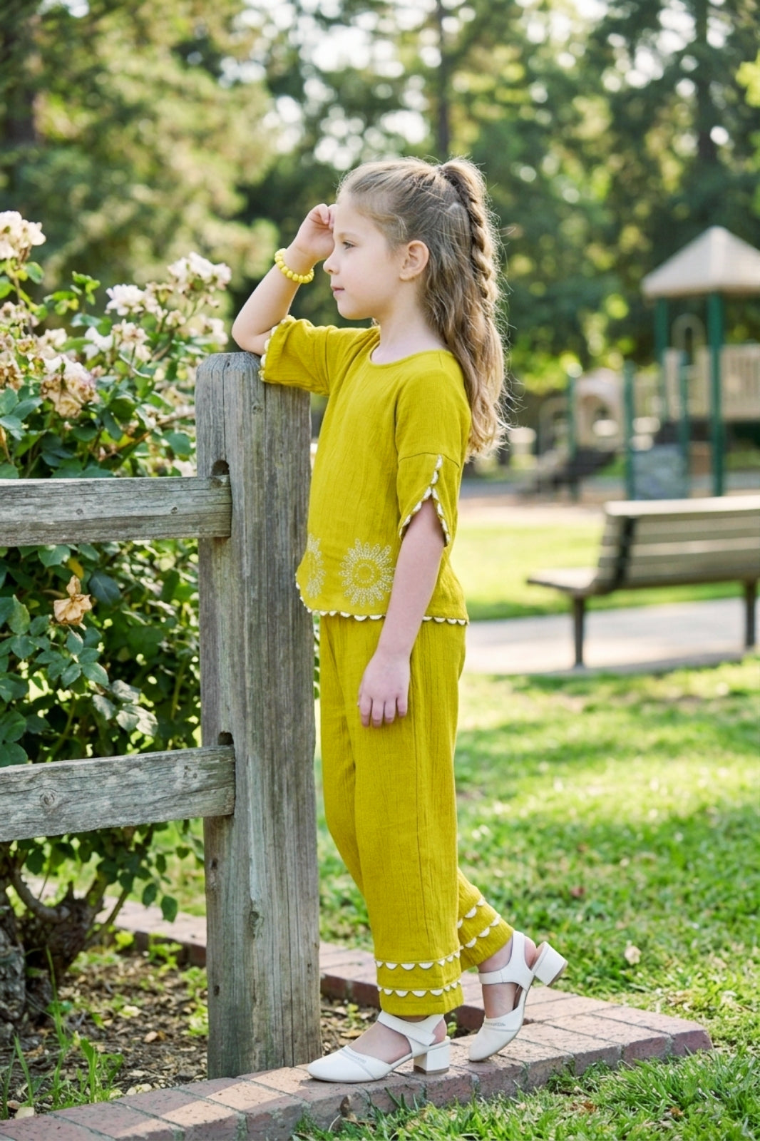 Girls Green Co-ord Set with Petal Sleeve Top and Wide-Leg Pants