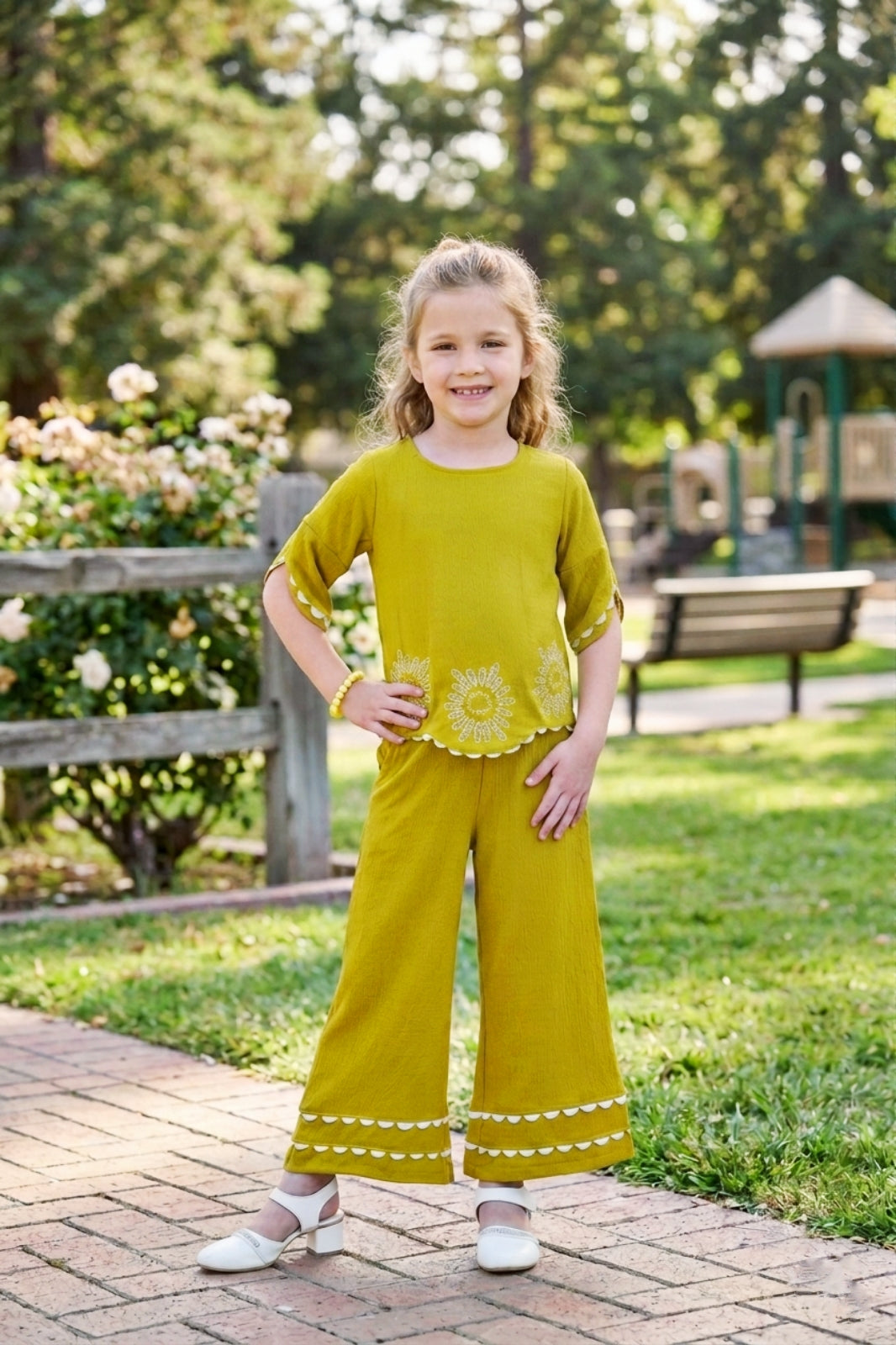Girls Green Co-ord Set with Petal Sleeve Top and Wide-Leg Pants