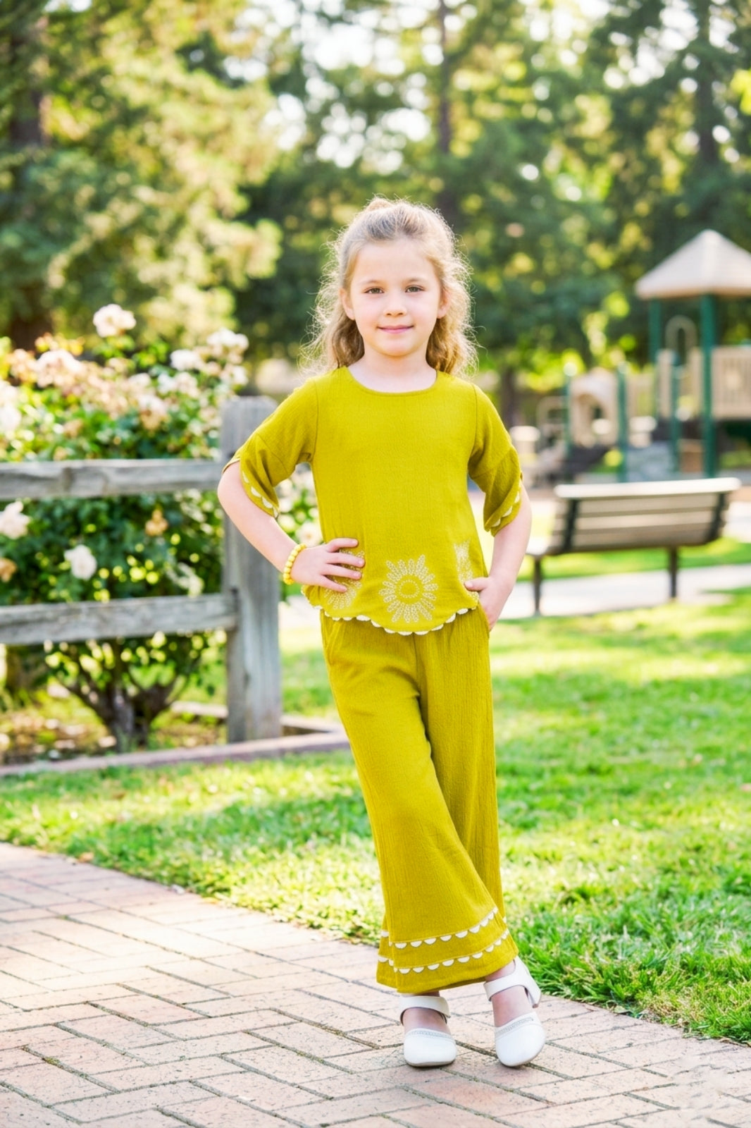 Girls Green Co-ord Set with Petal Sleeve Top and Wide-Leg Pants