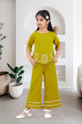 Girls Green Co-ord Set with Petal Sleeve Top and Wide-Leg Pants