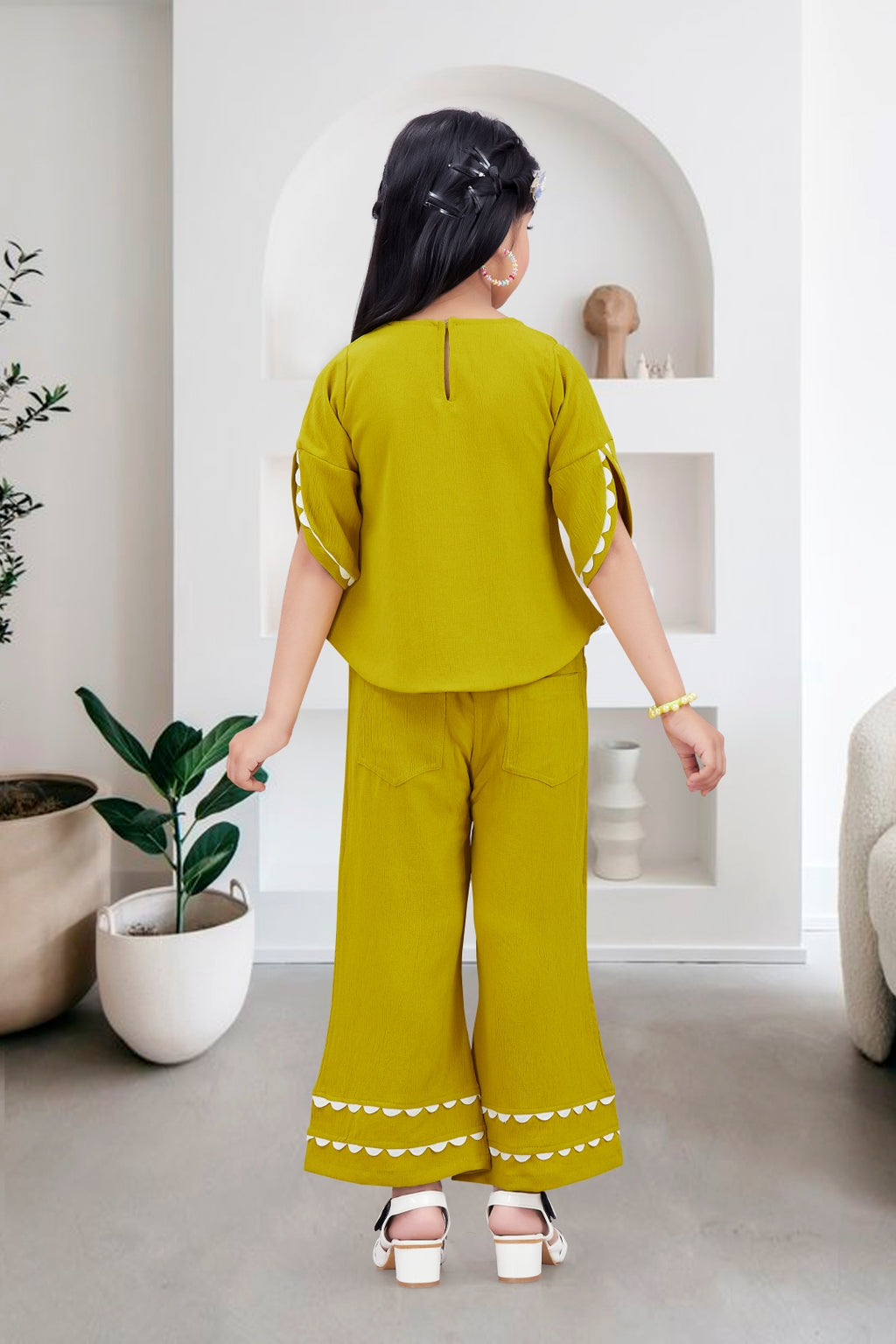 Girls Green Co-ord Set with Petal Sleeve Top and Wide-Leg Pants