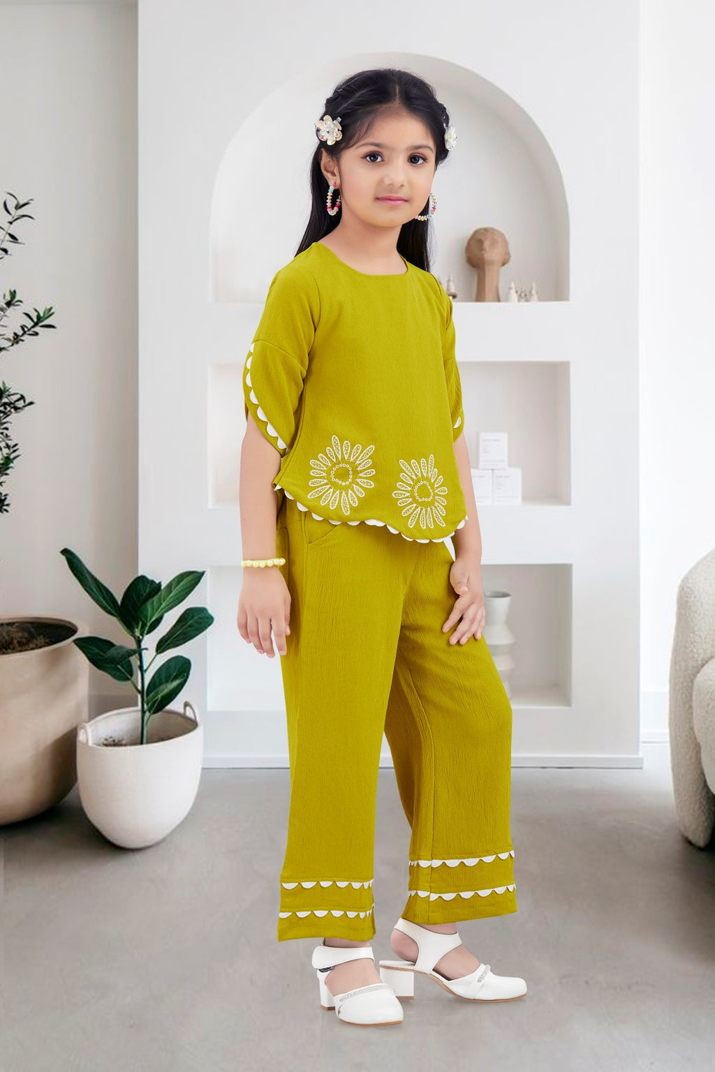 Girls Green Co-ord Set with Petal Sleeve Top and Wide-Leg Pants