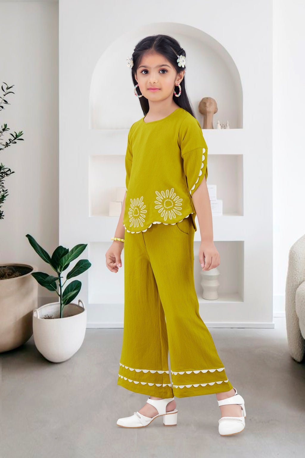Girls Green Co-ord Set with Petal Sleeve Top and Wide-Leg Pants