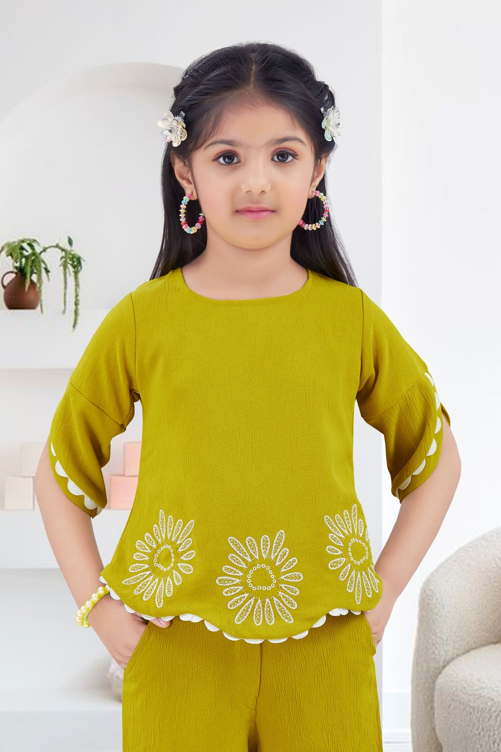 Girls Green Co-ord Set with Petal Sleeve Top and Wide-Leg Pants