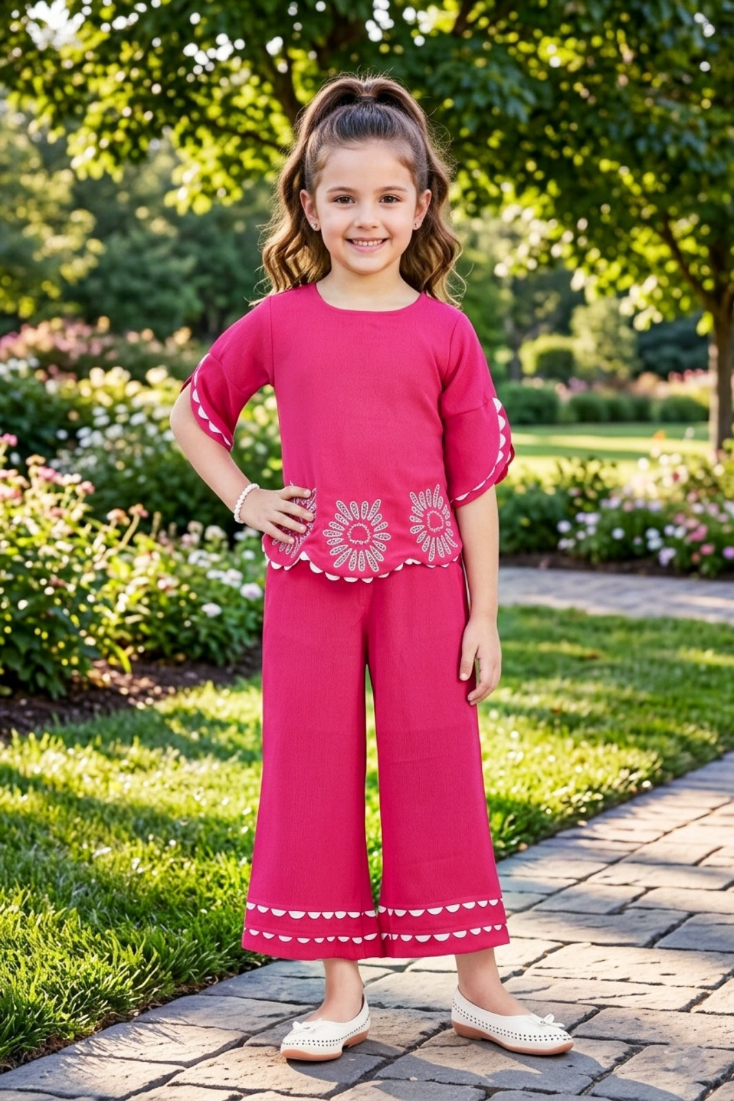Girls Pink Co-ord Set with Petal Sleeve Top and Wide-Leg Pants