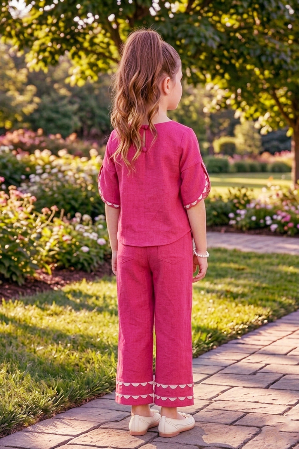Girls Pink Co-ord Set with Petal Sleeve Top and Wide-Leg Pants