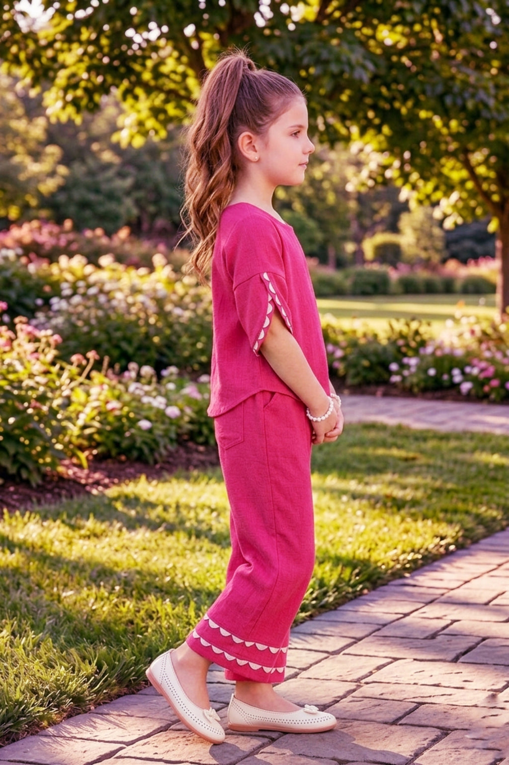 Girls Pink Co-ord Set with Petal Sleeve Top and Wide-Leg Pants