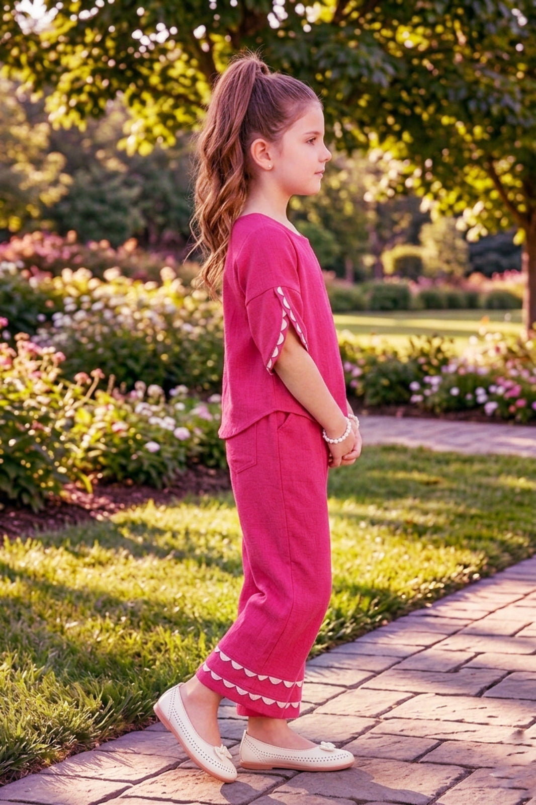Girls Pink Co-ord Set with Petal Sleeve Top and Wide-Leg Pants
