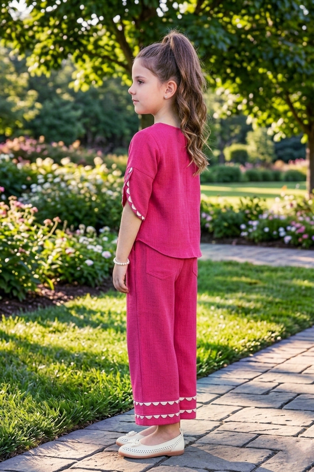 Girls Pink Co-ord Set with Petal Sleeve Top and Wide-Leg Pants