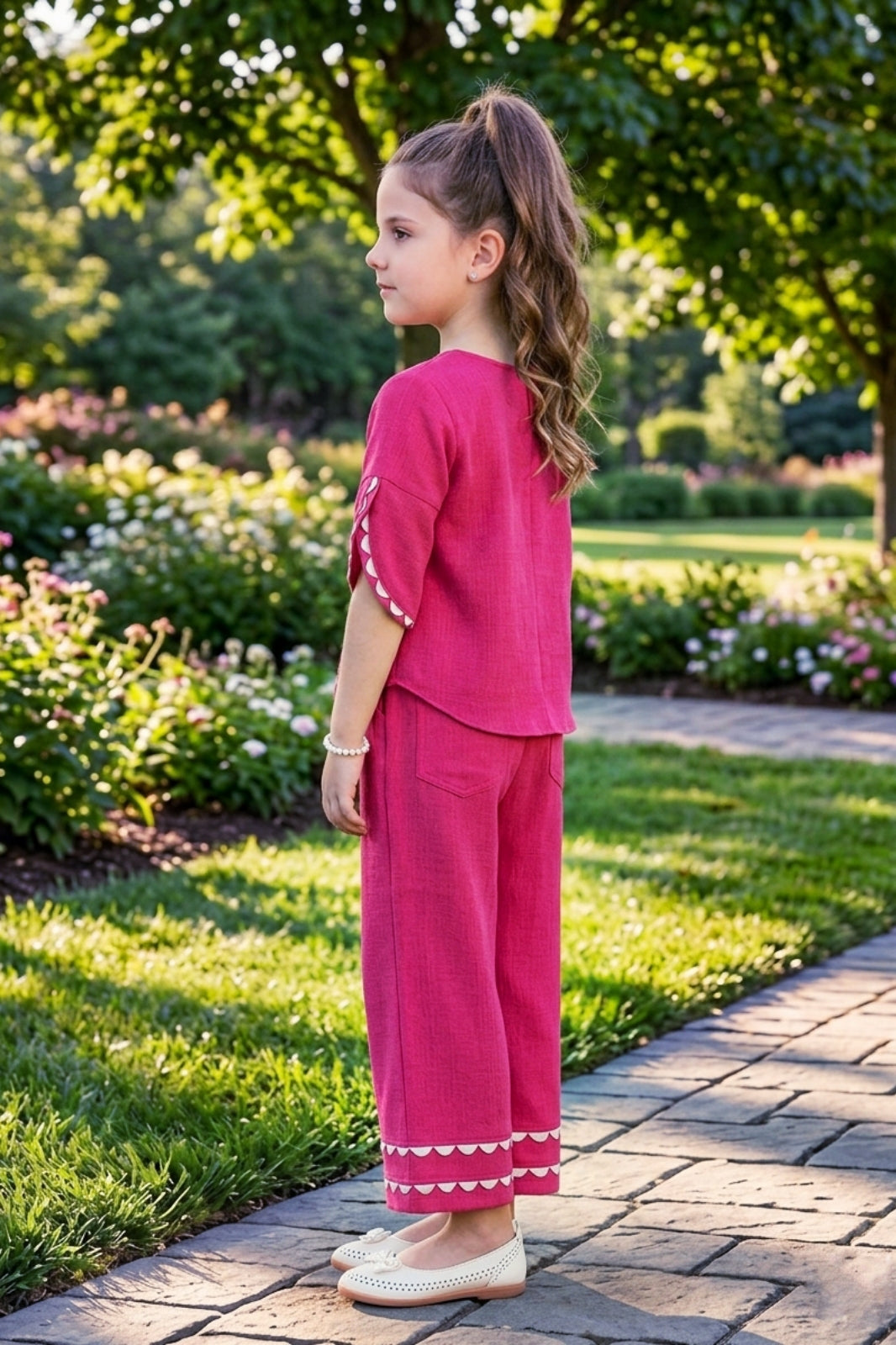 Girls Pink Co-ord Set with Petal Sleeve Top and Wide-Leg Pants